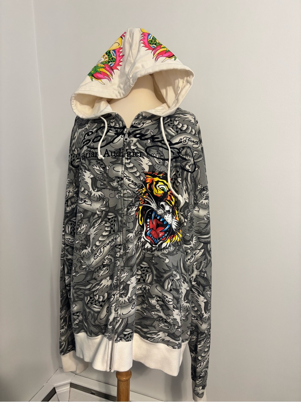 Ed Hardy Gray Graphic Zip Up with Cream Hood and Multicolor Tiger